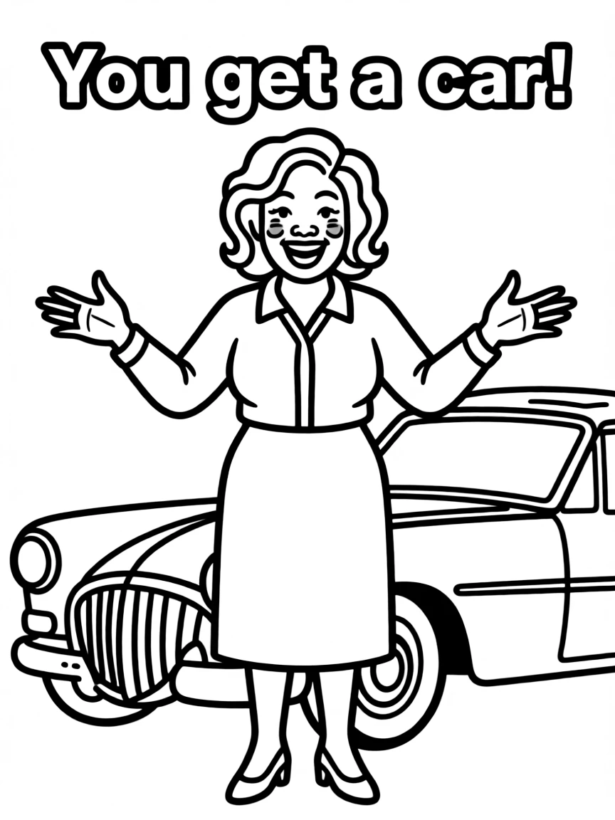 Oprah Winfrey with arms outstretched saying "You get a car!"