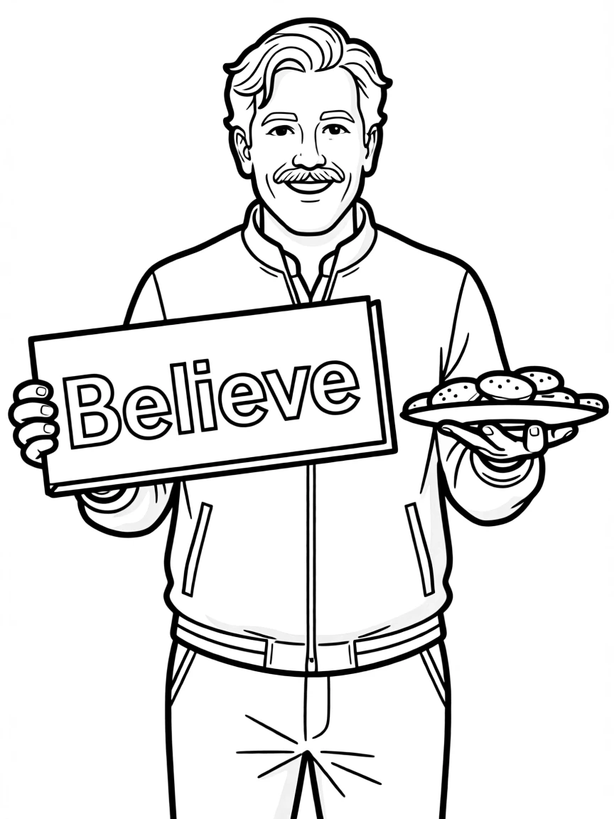 Coach Ted Lasso with his "Believe" sign and biscuits