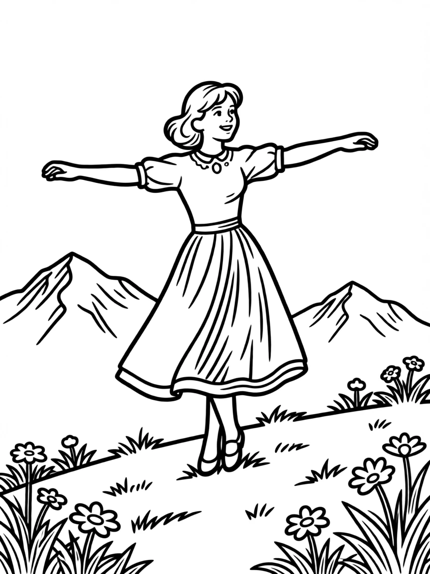 Maria from The Sound of Music spinning on a mountain top