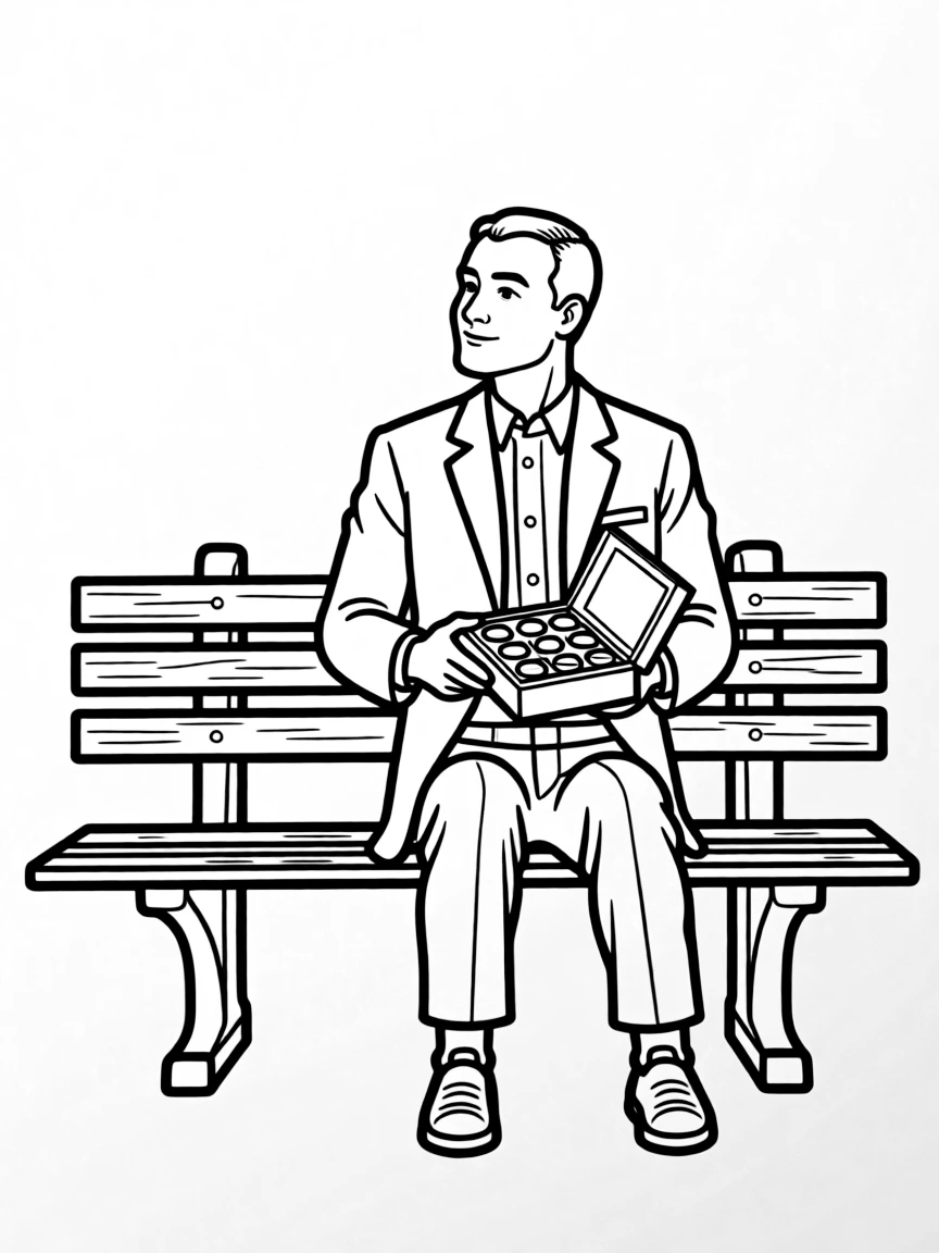 Forrest Gump sitting on his bench with box of chocolates