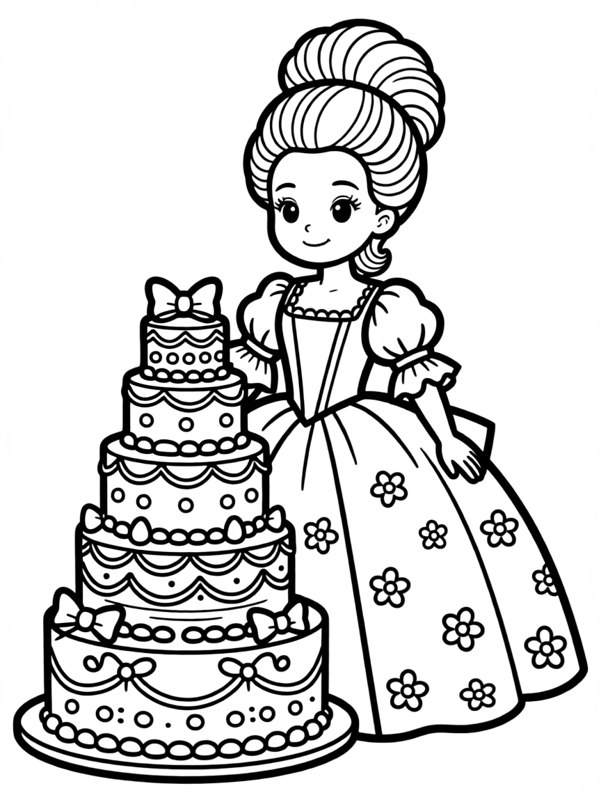Marie Antoinette (Kirsten Dunst) with elaborate cake and hairstyle