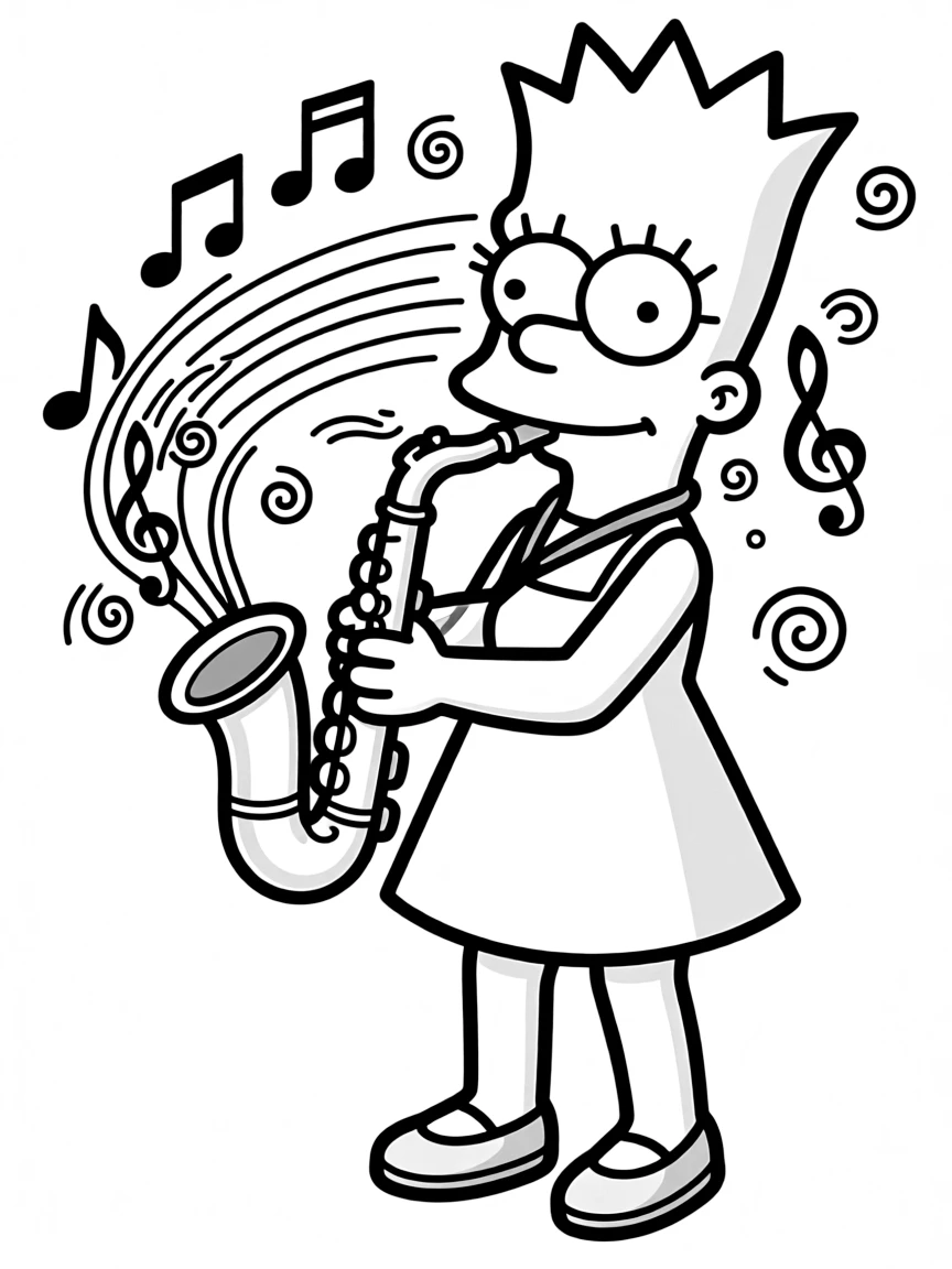 Lisa Simpson playing her saxophone with musical notes flowing