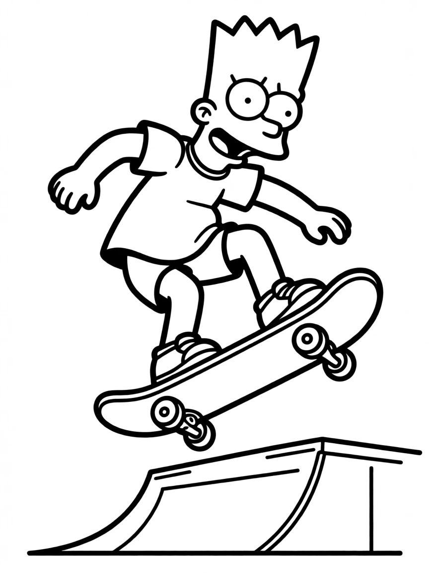 Bart Simpson on his skateboard performing a trick