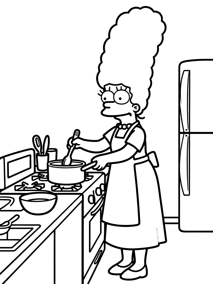 Marge Simpson with her tall blue hair cooking in the kitchen