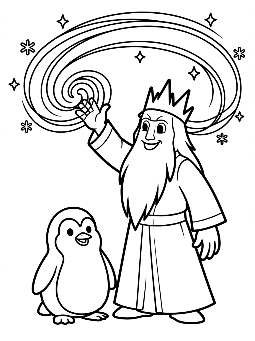 Ice King with his penguin Gunter casting ice magic