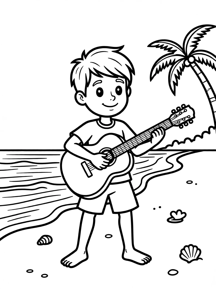 Greg Universe playing his guitar on the beach