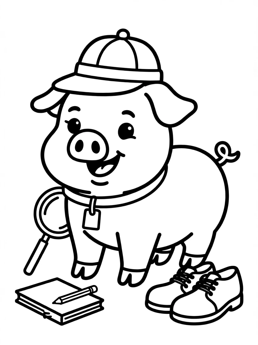 Waddles the pig wearing a detective hat
