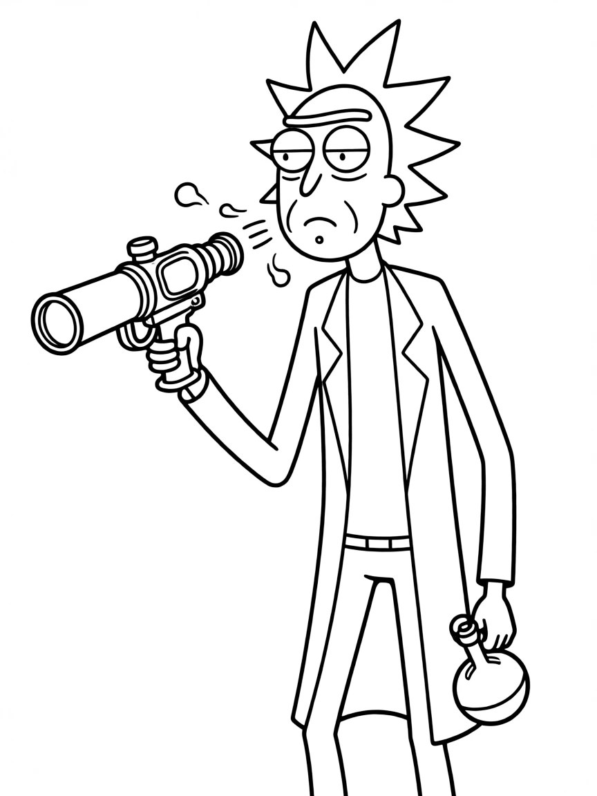 Rick Sanchez with portal gun and flask mid-burp