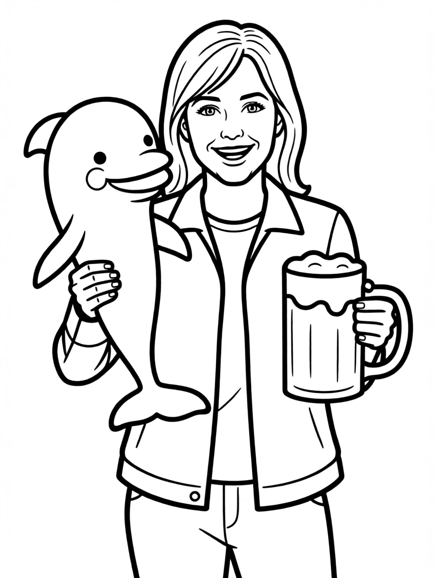 Pam Poovey with her dolphin puppet and beer