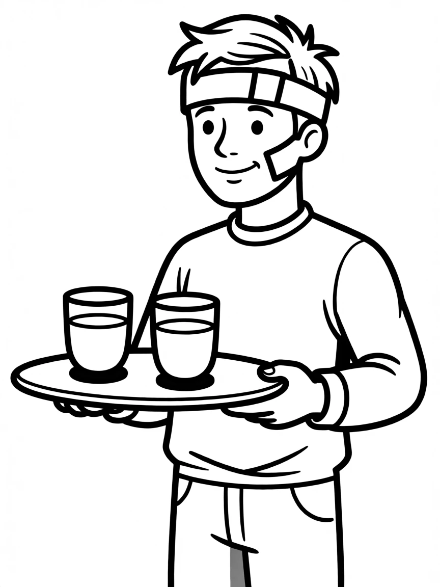 Woodhouse serving drinks with a bandaged face