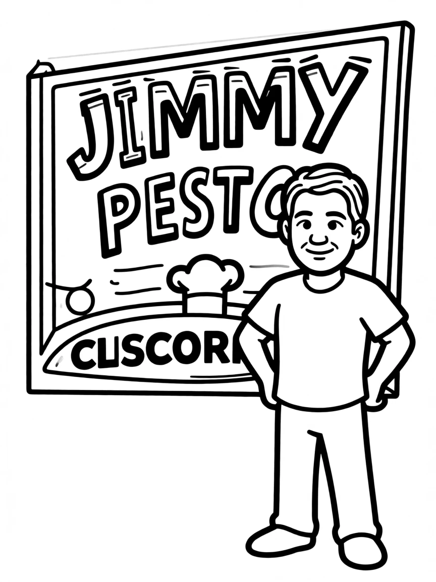 Jimmy Pesto with his rival restaurant sign