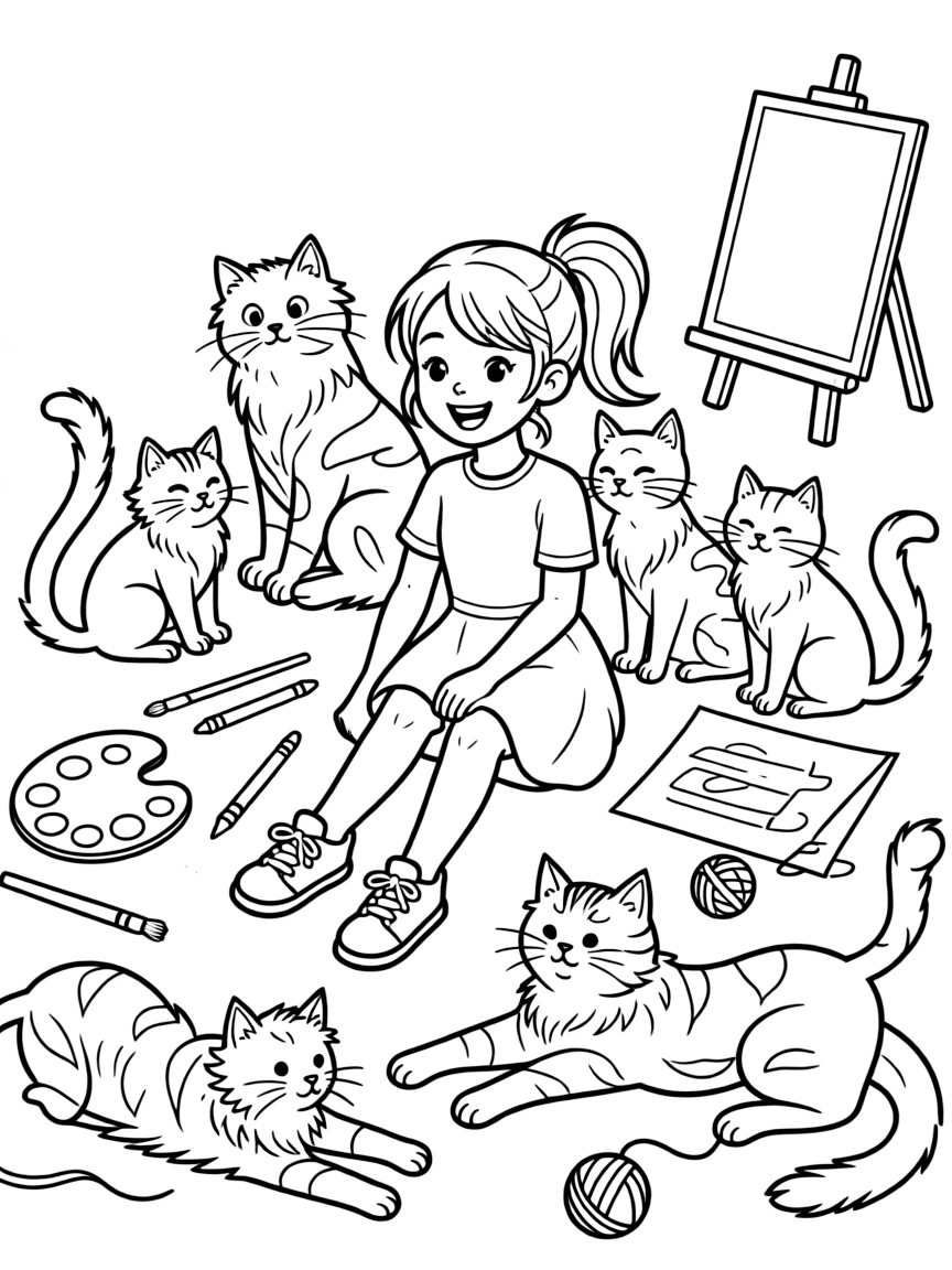 Gayle with her many cats and art supplies