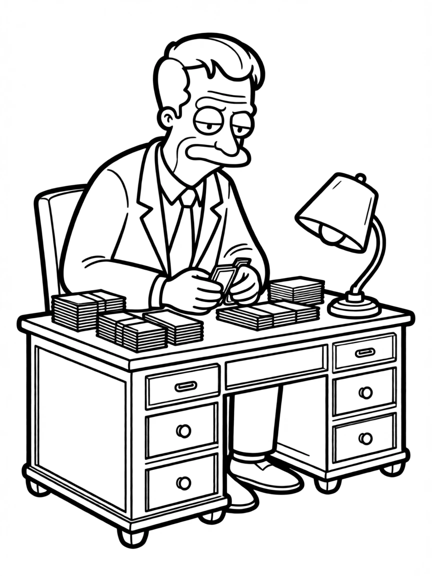 Mr. Burns counting money with his hunched posture