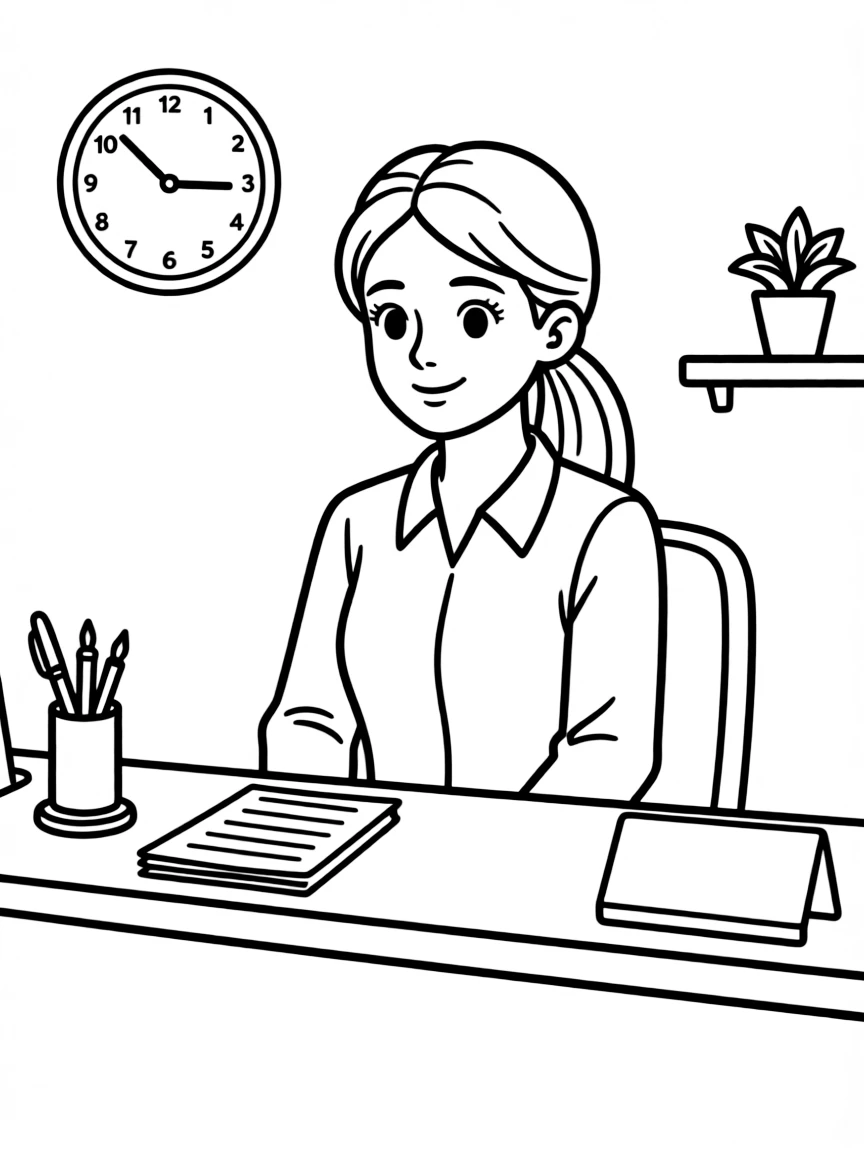 Pam Beesly sketching at the reception desk