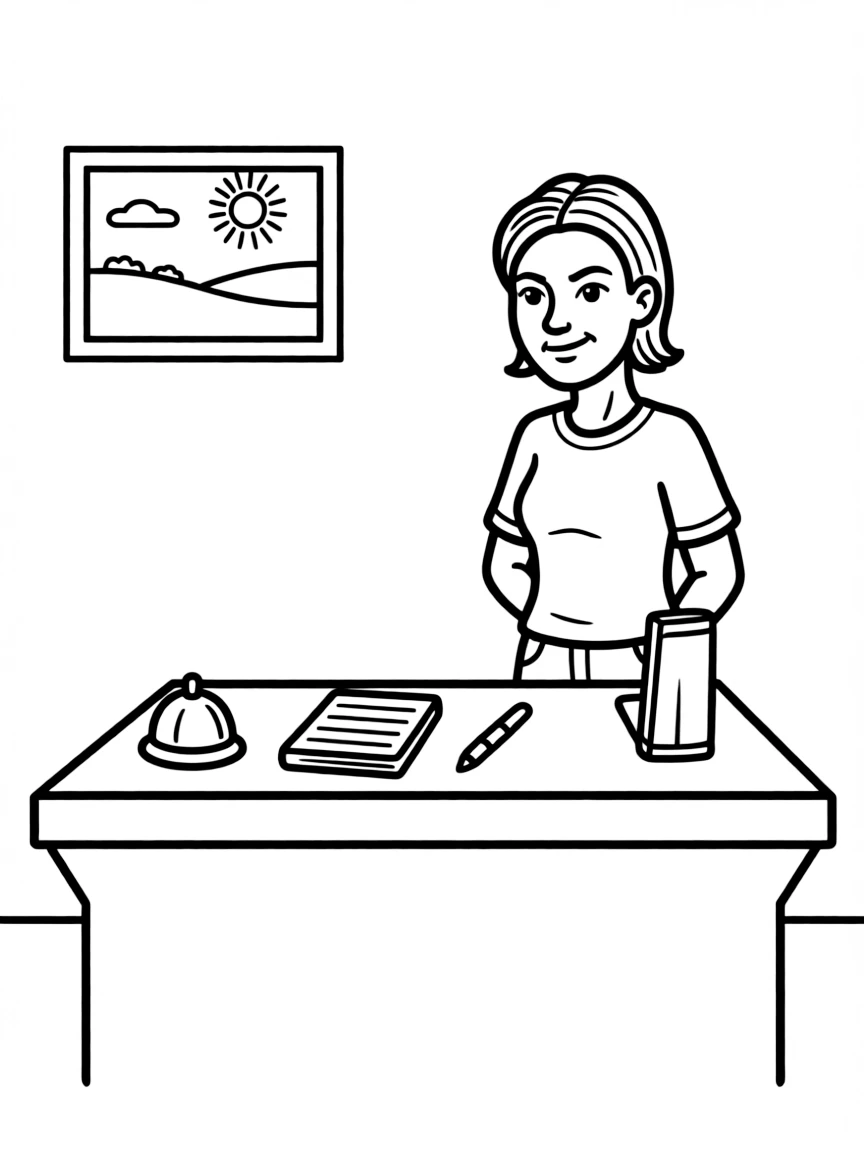 Stevie Budd with her sarcastic expression at the motel desk