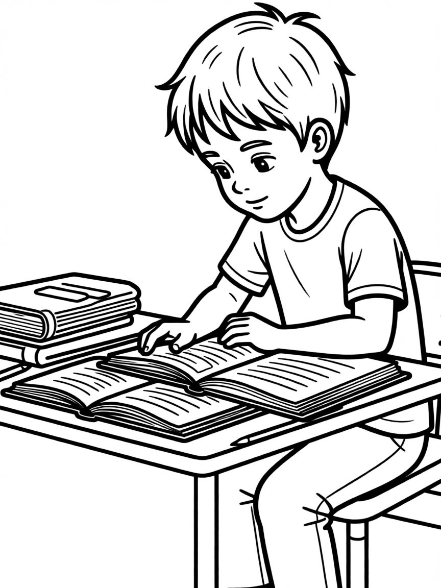 Alex studying with multiple textbooks
