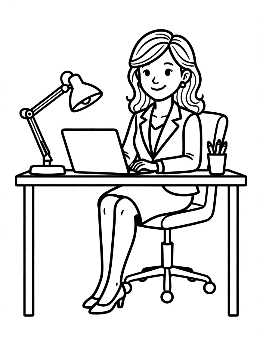 Rebecca Welton in her power suit at her desk