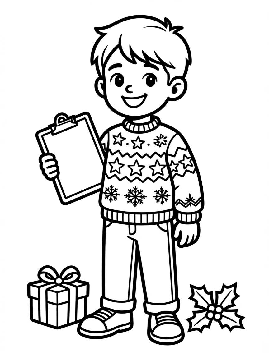 Higgins with his Christmas sweater and clipboard