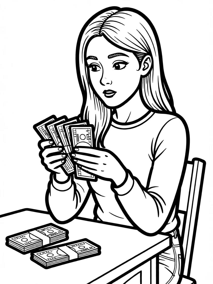 Skyler White with suspicious expression counting money