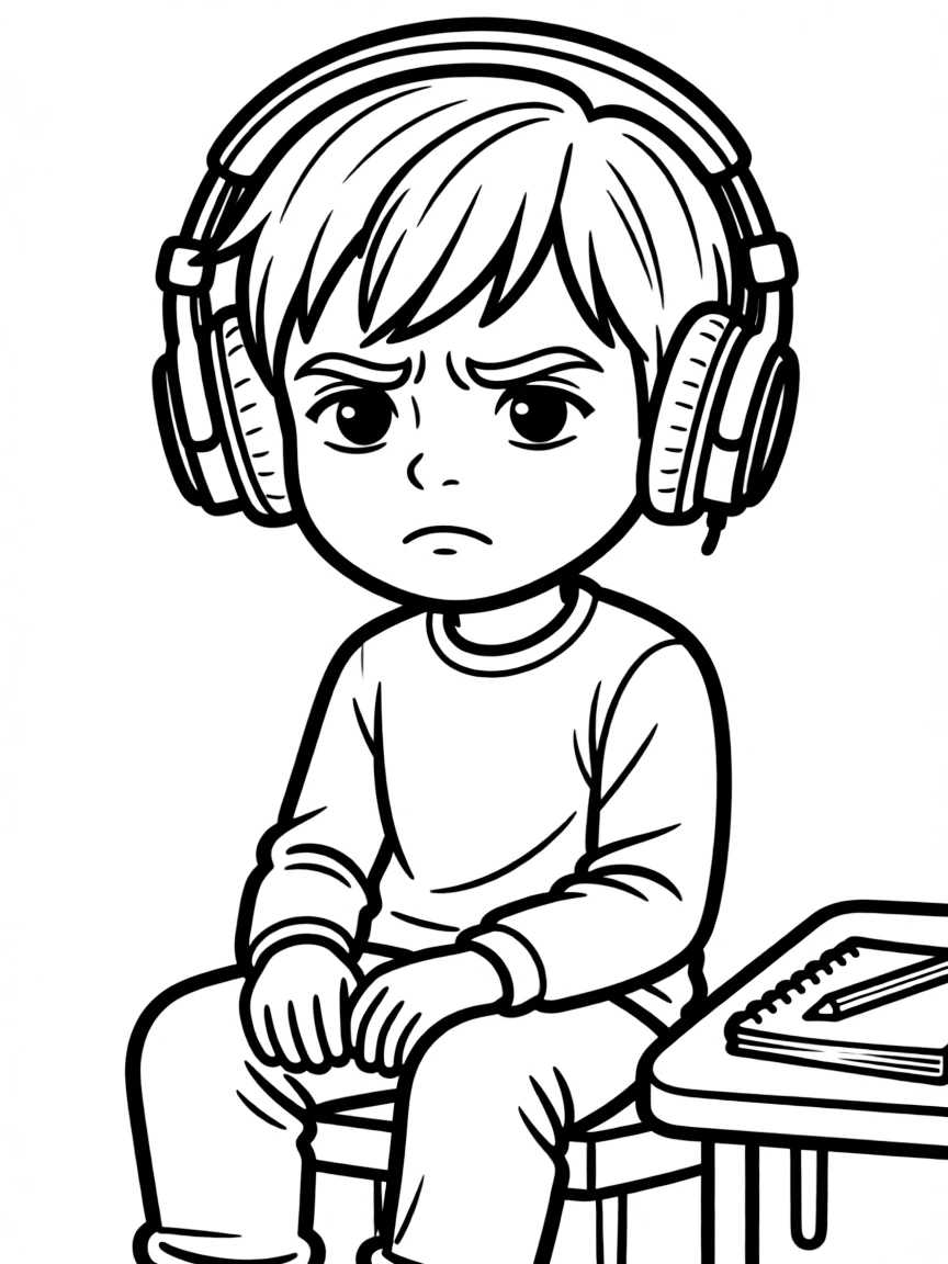 Kendall Roy with headphones and conflicted expression