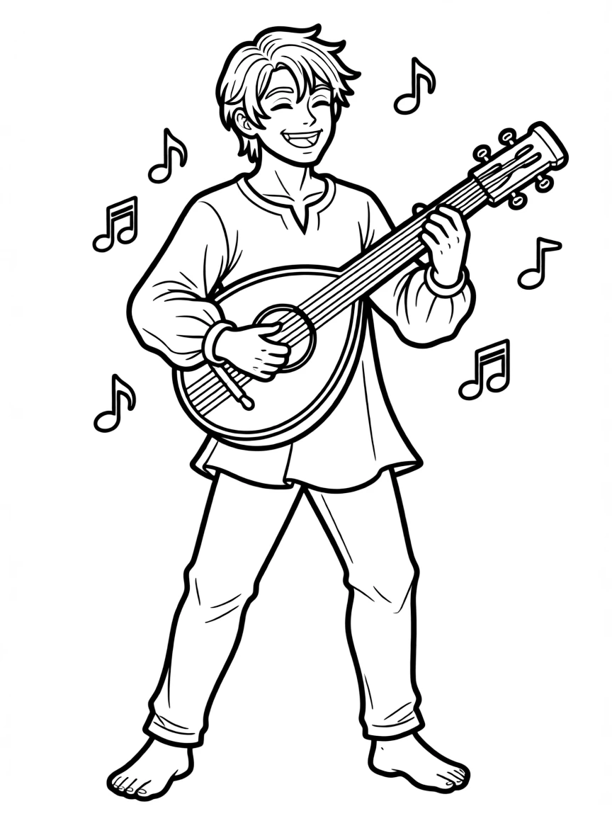 Jaskier (Dandelion) playing his lute with dramatic flair