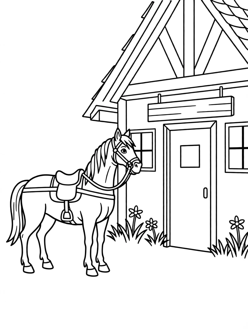Roach (Geralt's horse) waiting patiently by a tavern