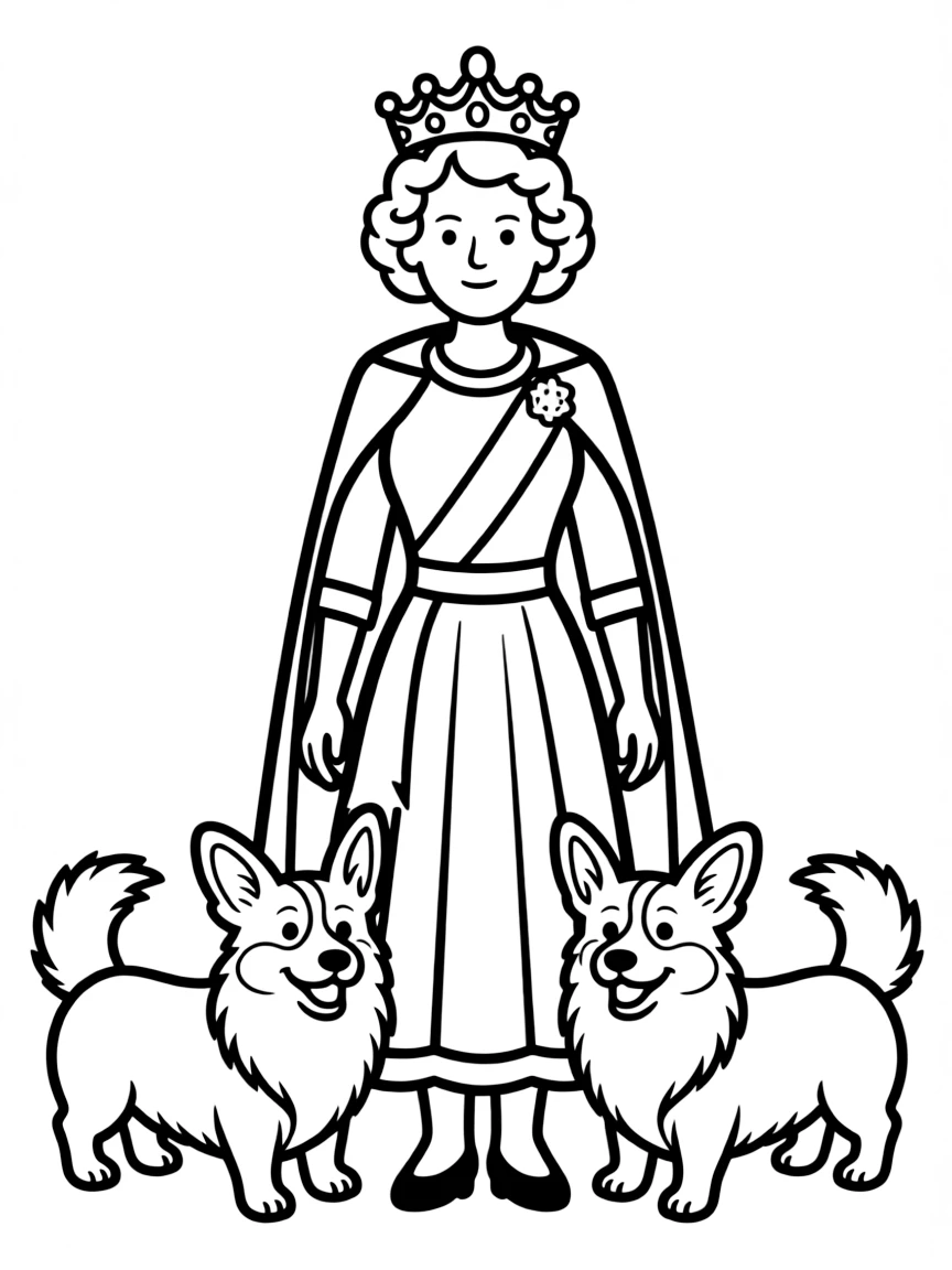 Queen Elizabeth II with her corgi dogs and crown