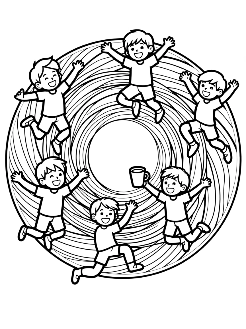 Five jumping through a time portal with coffee cup