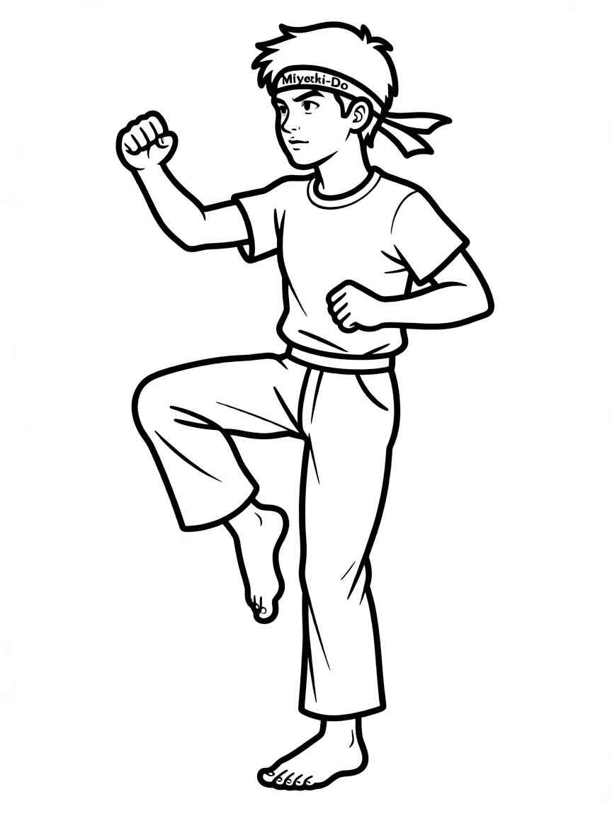 Daniel LaRusso in crane kick position with Miyagi-Do headband