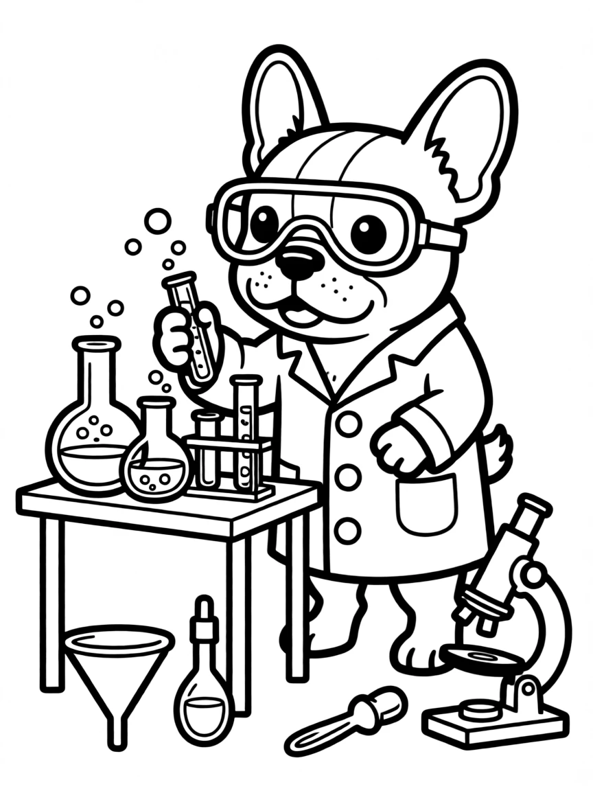 Frenchie working on a chemical weapon with goggles