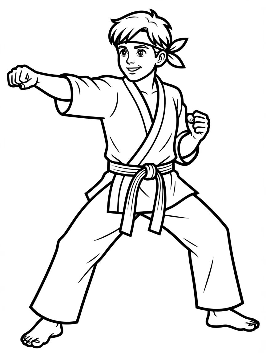 Johnny Lawrence in Eagle Fang karate stance with bandana