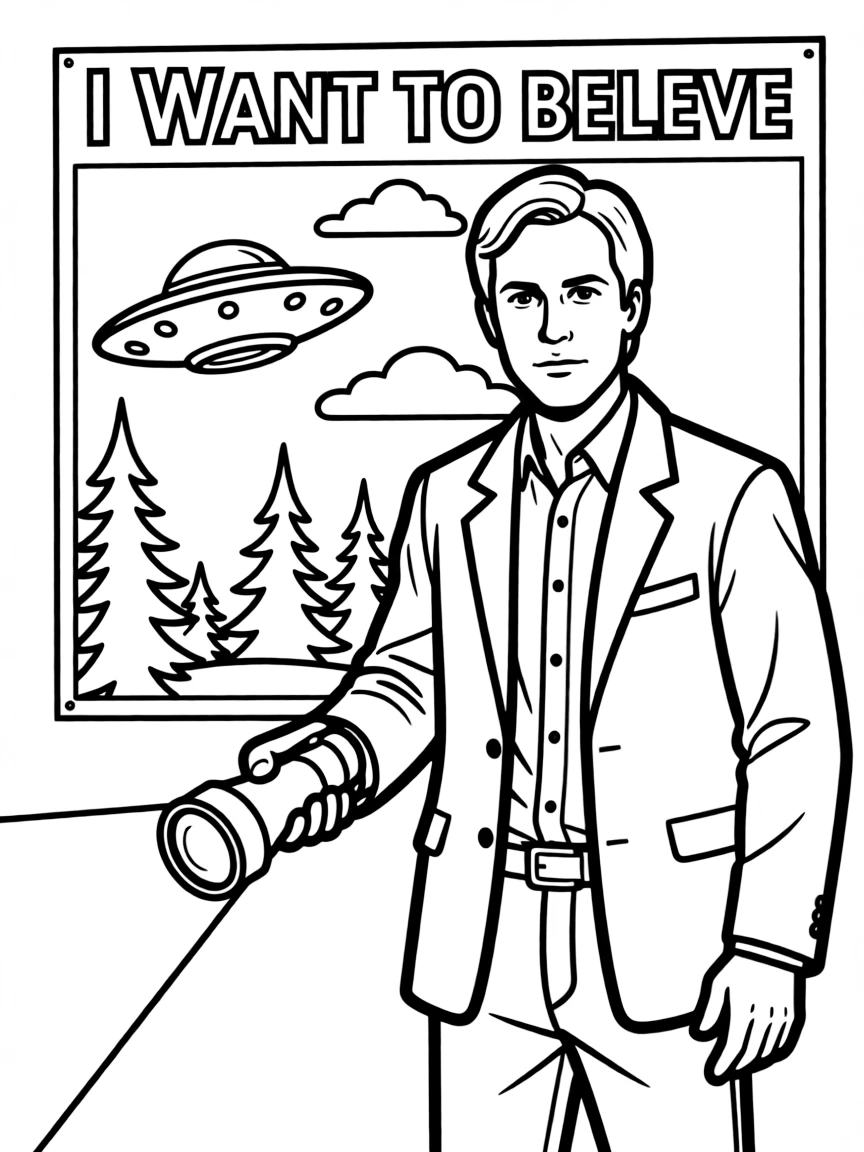 Fox Mulder with his "I Want to Believe" poster and flashlight