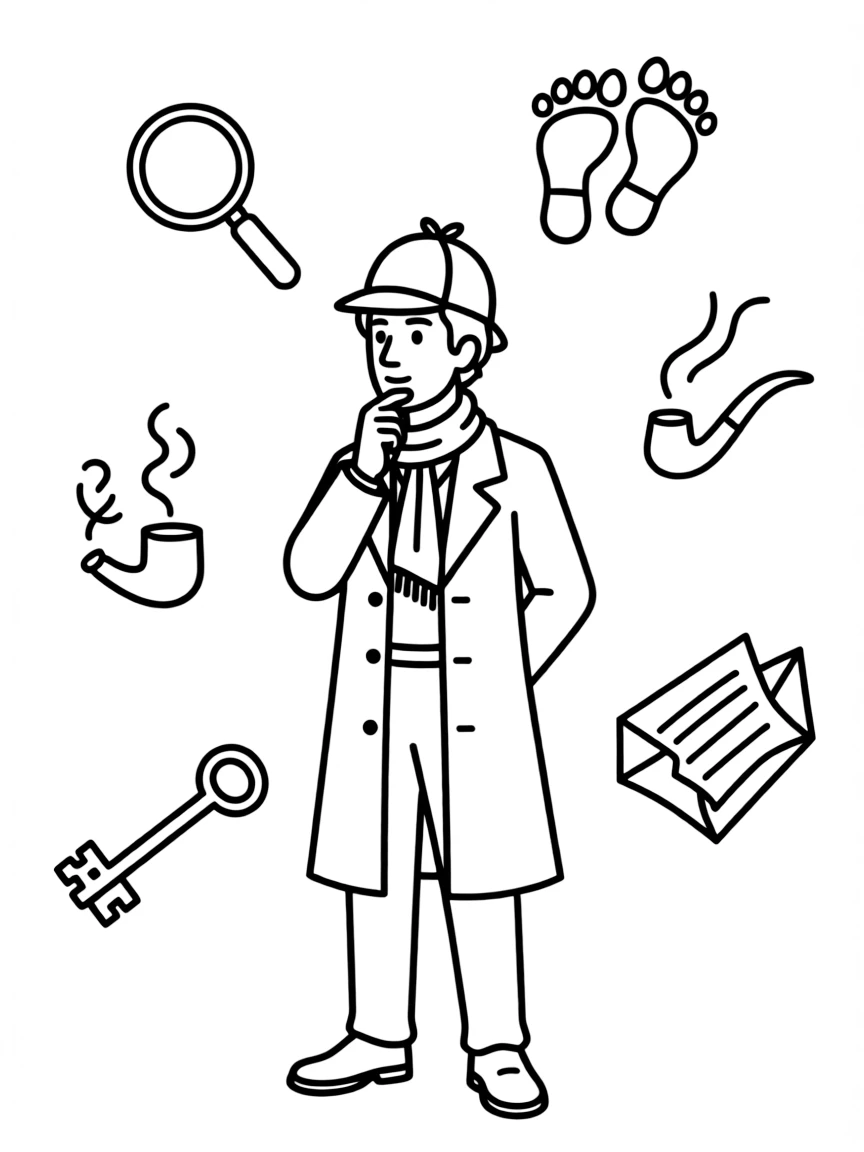 Sherlock Holmes in his mind palace with floating deductions