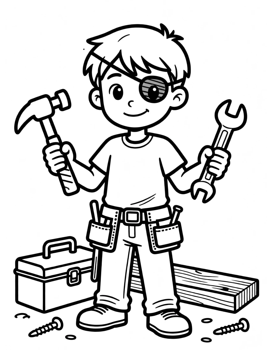 Xander with his eye patch and construction tools