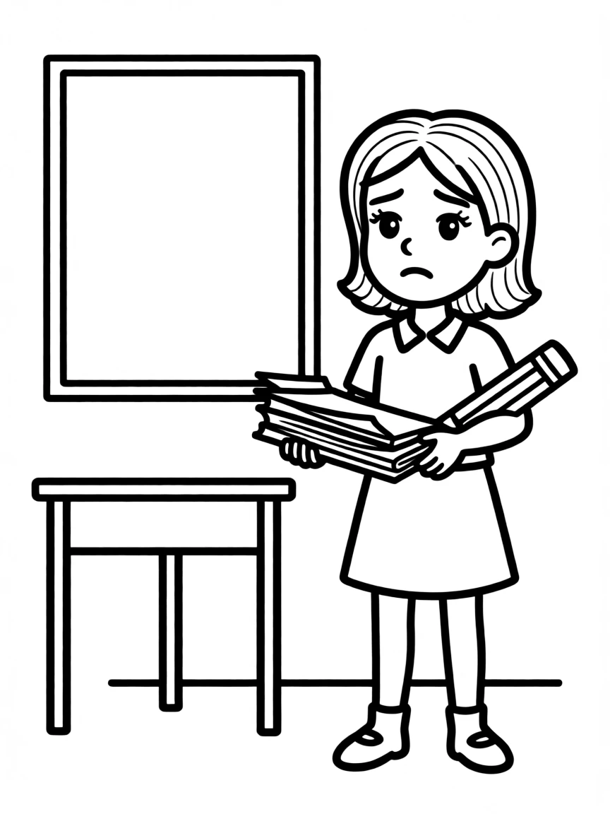 Monica with her teaching materials and concerned look