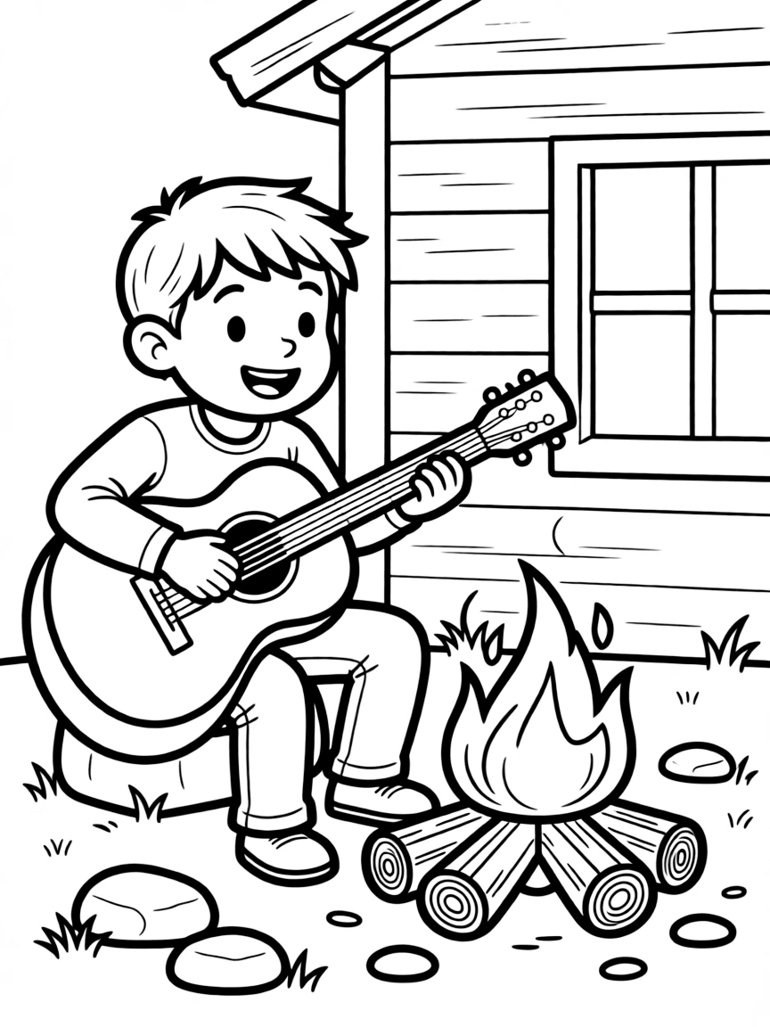 Walker playing guitar by the bunkhouse fire