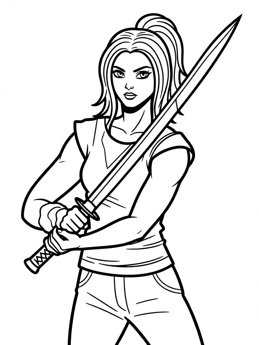 Michonne with her katana sword and fierce stance