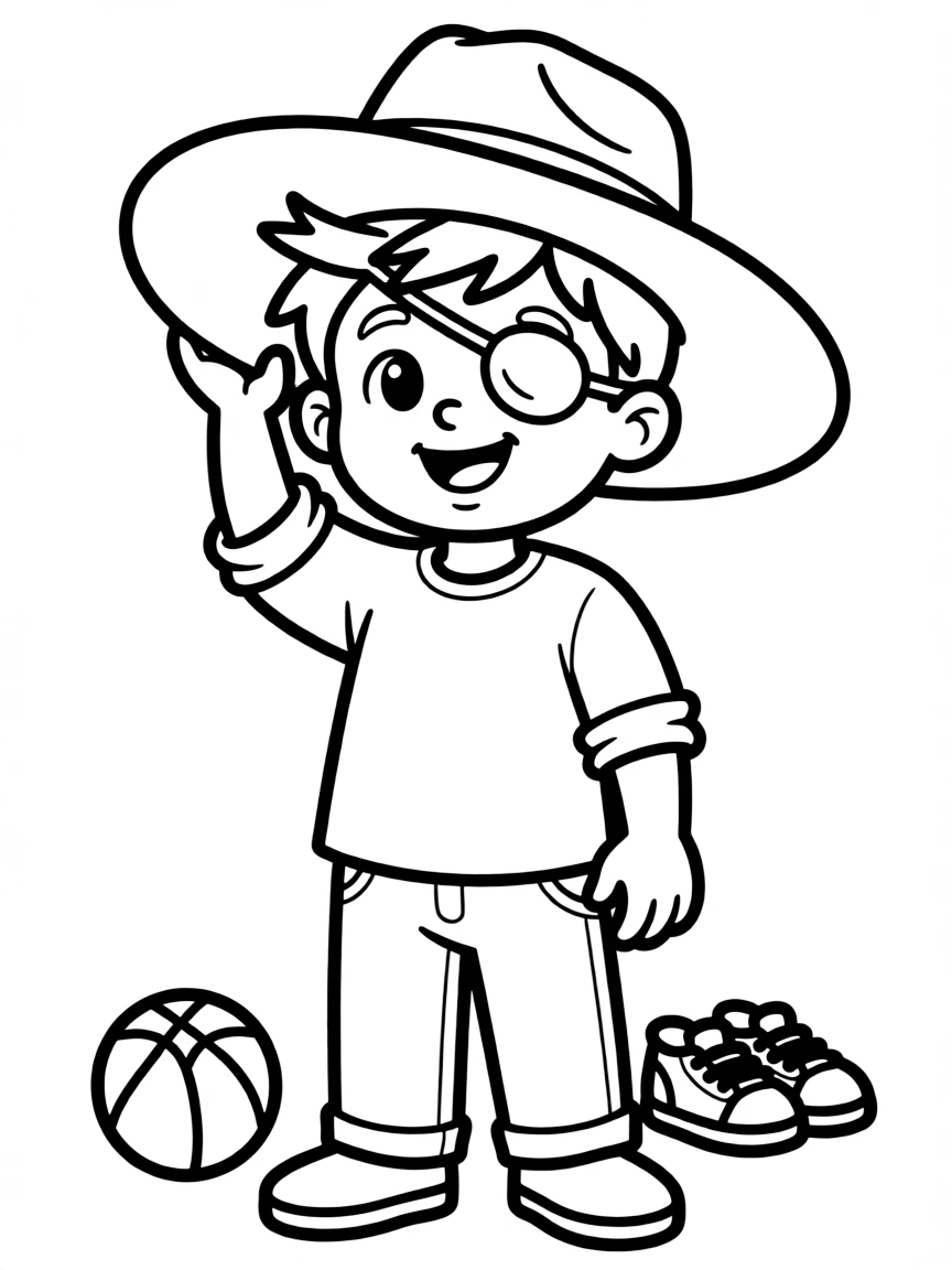 Carl with his father's hat and eye bandage