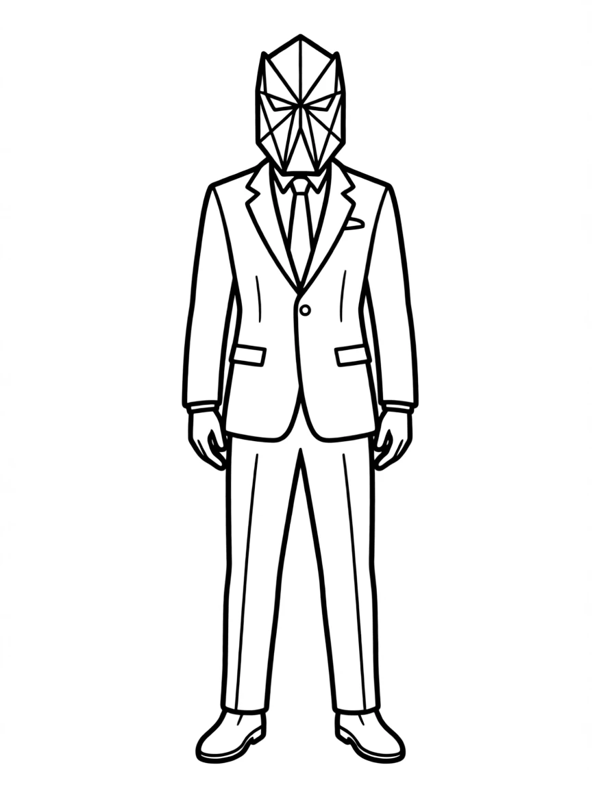 The Front Man with his geometric mask and dark suit
