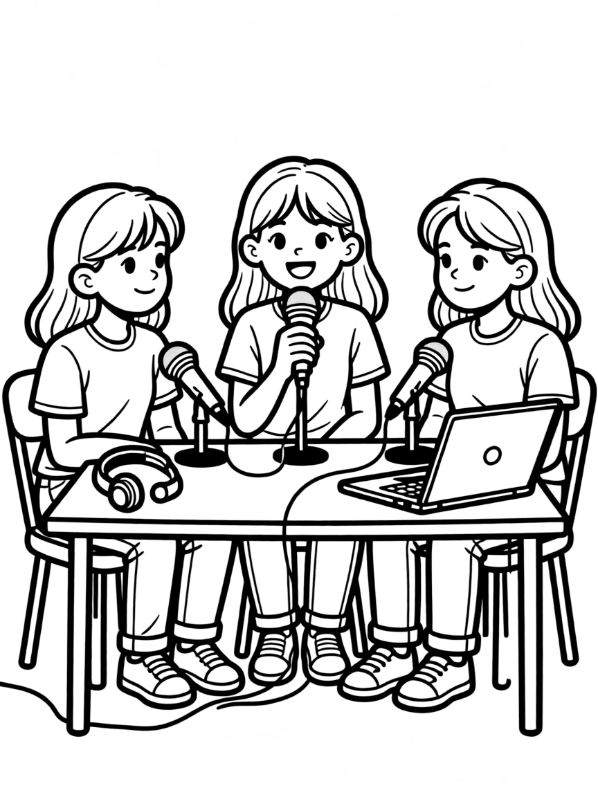 The trio recording their podcast with microphone