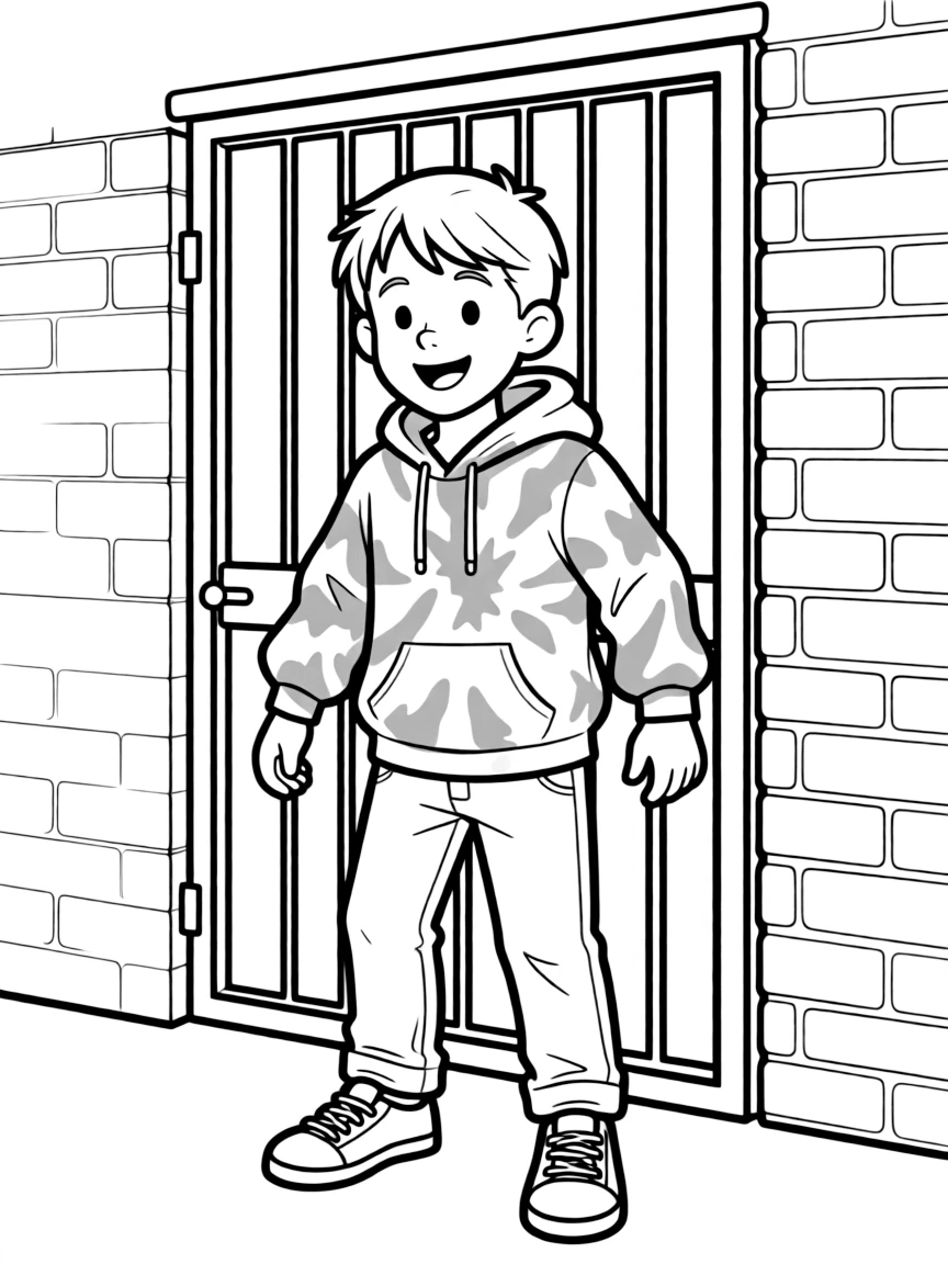 Oscar in his tie-dye hoodie emerging from prison