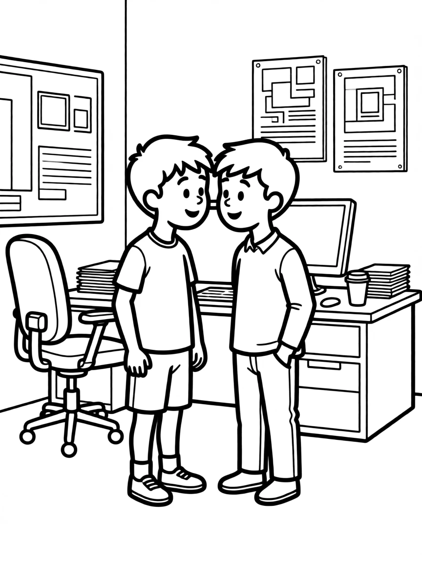 Luc and Julien gossiping at the marketing office