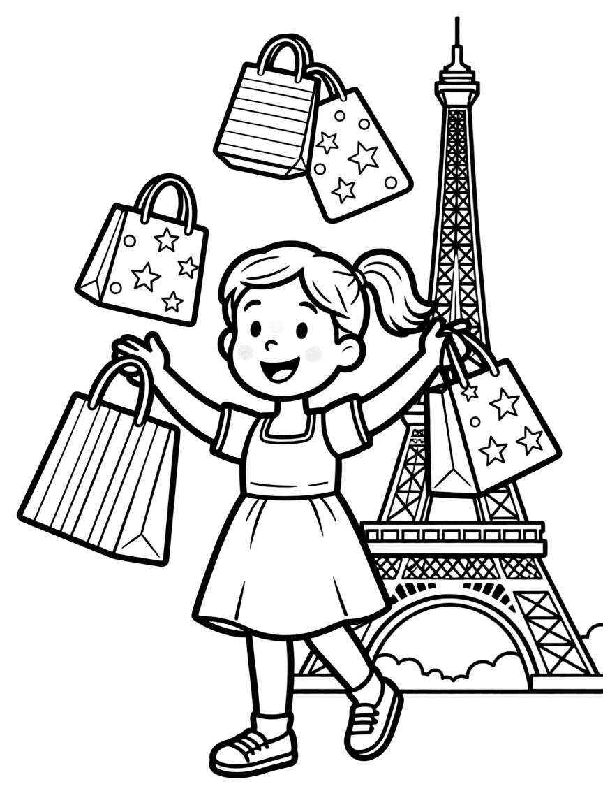 Emily juggling shopping bags in front of the Eiffel Tower