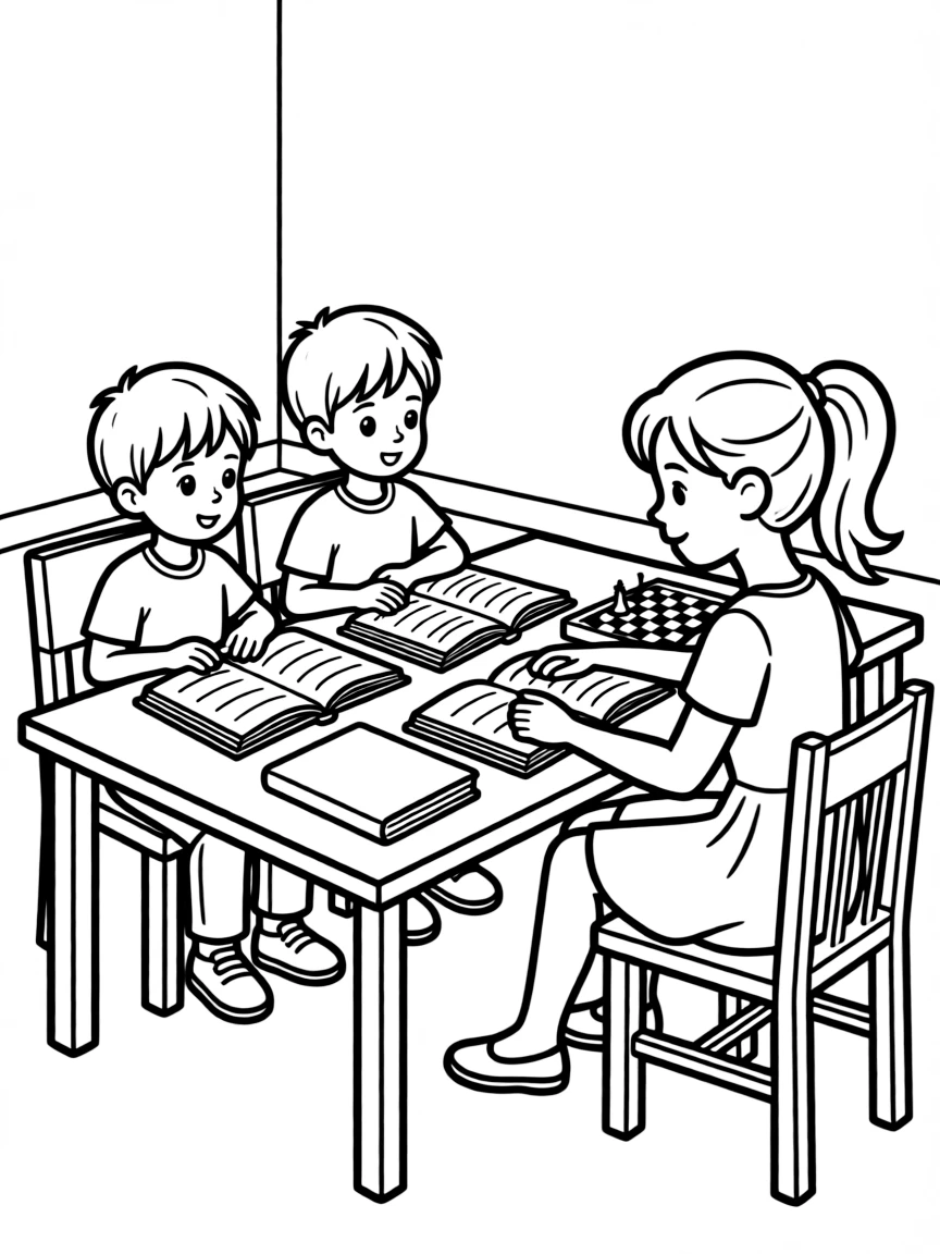 The twins studying chess books with Beth
