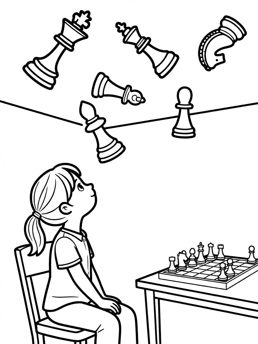 Beth visualizing chess pieces moving on the ceiling