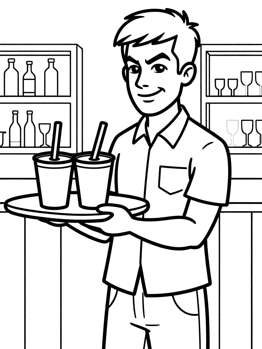 Greg serving drinks at Home Base with sarcastic expression