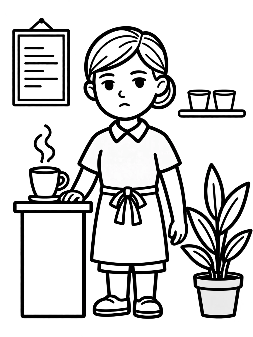 Heather with her deadpan expression and barista uniform