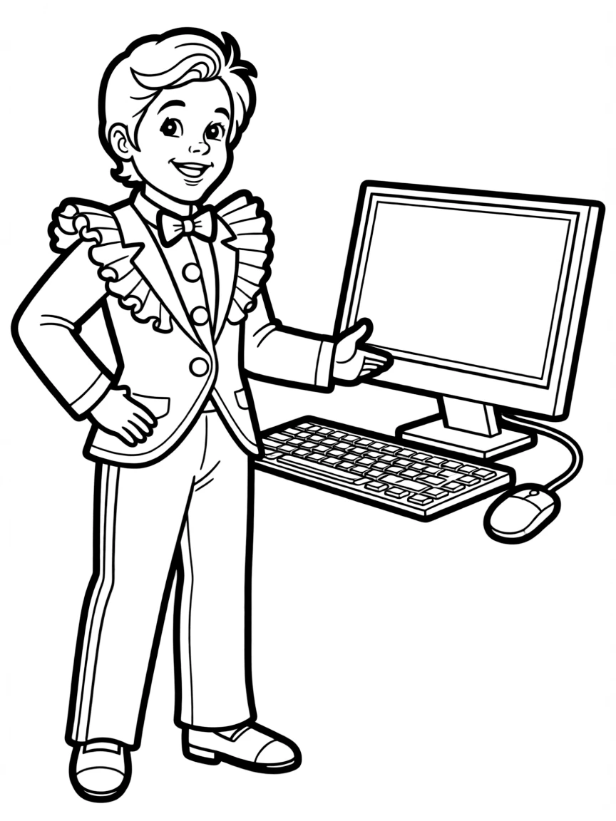 Darcy Lewis with her circus outfit and computer setup