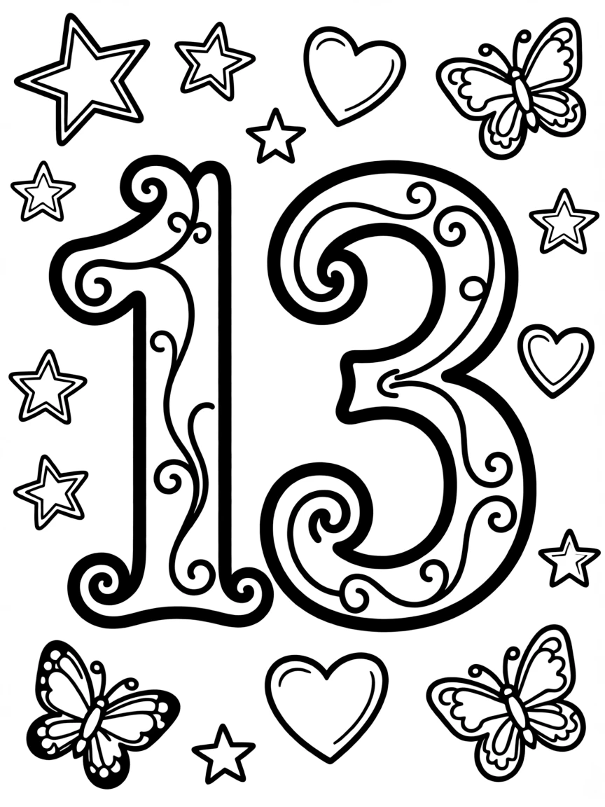"13" in decorative font surrounded by Taylor's favorite symbols