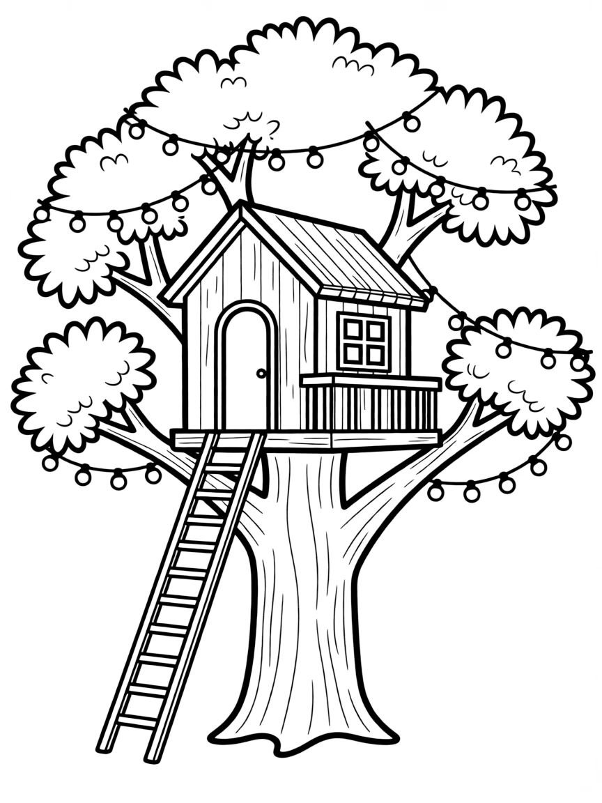 A detailed treehouse with string lights inspired by "Out of the Woods"